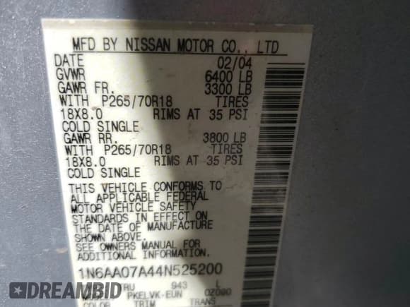 ✅ 2004 Nissan Titan LE • VIN: 1N6AA07A44N525200 • Лот: 82592675. Опубликован ранее на Copart с пробегом 157 088 миль. Бесплатный доступ к архиву аукционных продаж из США и подробный отчёт об истории автомобиля на DreamBid. Изображение 12.