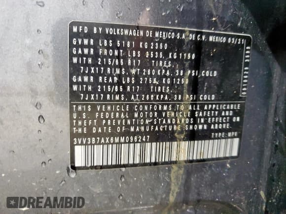 ✅ 2021 Volkswagen Tiguan SE • VIN: 3VV3B7AX6MM096247 • Lot: 91242745. Listed on Copart with 108,814 mi. Free auction sales archive from the USA and detailed vehicle history report at DreamBid. Image 12.