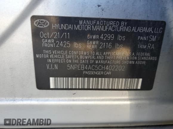 ✅ 2012 Hyundai Sonata GLS • VIN: 5NPEB4AC5CH402202 • Lot: 72344924. Listed on Copart with 159,147 mi. Free auction sales archive from the USA and detailed vehicle history report at DreamBid. Image 12.