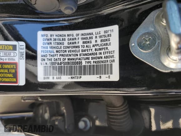 ✅ 2011 Honda Civic GX • VIN: 19XFA4F5XBE000695 • Лот: 60547125. Опубликован ранее на Copart с пробегом 153 513 миль. Бесплатный доступ к архиву аукционных продаж из США и подробный отчёт об истории автомобиля на DreamBid. Изображение 12.