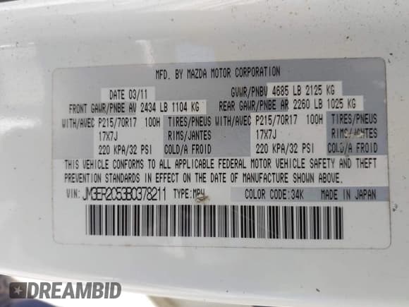 ✅ 2011 Mazda CX-7 i Touring • VIN: JM3ER2C53B0378211 • Лот: 42858913. Опубликован ранее на IAAI с пробегом 121 538 миль. Бесплатный доступ к архиву аукционных продаж из США и подробный отчёт об истории автомобиля на DreamBid. Изображение 9.