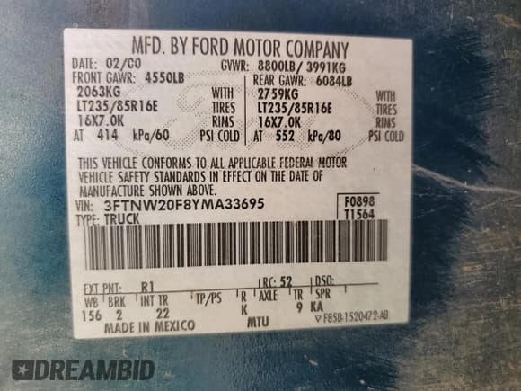 ✅ 2000 Ford F-250 XL • VIN: 3FTNW20F8YMA33695 • Lot: 64864325. Listed on Copart with 242,537 mi. Free auction sales archive from the USA and detailed vehicle history report at DreamBid. Image 13.