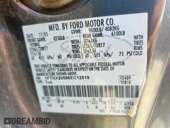 ✅ 2006 Ford F-250 XL • VIN: 1FTNX20586EC12519 • Lot: 71885465. Listed on Copart with 195,478 mi. Free auction sales archive from the USA and detailed vehicle history report at DreamBid. Image 12.