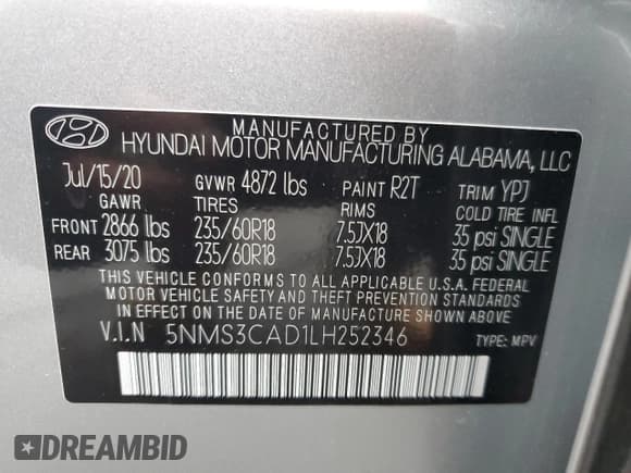 ✅ 2020 Hyundai Santa Fe SEL • VIN: 5NMS3CAD1LH252346 • Lot: 42048333. Listed on Copart with 22,172 mi. Free auction sales archive from the USA and detailed vehicle history report at DreamBid. Image 13.