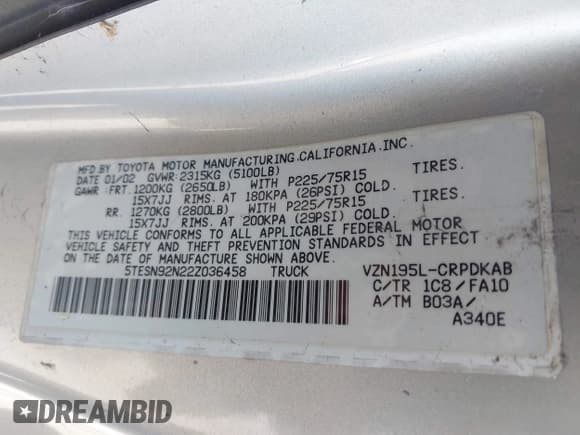✅ 2002 Toyota Tacoma PreRunner • VIN: 5TESN92N22Z036458 • Lot: 43032856. Listed on IAAI with 127,929 mi. Free auction sales archive from the USA and detailed vehicle history report at DreamBid. Image 9.