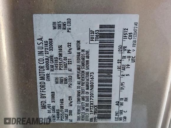 ✅ 2001 Ford F-150 XL • VIN: 1FTZX17201NB01673 • Lot: 85209505. Listed on Copart with 209,967 mi. Free auction sales archive from the USA and detailed vehicle history report at DreamBid. Image 12.