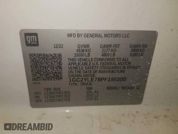 2023 Chevrolet Silverado 2500HD Work Truck z VIN 1GC2YLE78PF195300, wystawiony jako IAAI lot #43057304 z przebiegiem 154 862 mil mil oraz . Historia ofert i sprzedaży dostępna na DreamBid. Obrazek 1.