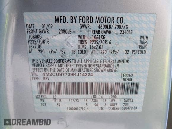 2009 Mercury Mariner Premier with VIN 4M2CU97739KJ14224, listed as a IAAI auction lot 43552437 with 103,277 mi miles and . Bid and sale history available at DreamBid. Image 9.