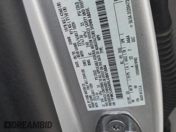 ✅ 2020 Ford Escape SE • VIN: 1FMCU0G65LUB61884 • Lot: 62723525. Listed on Copart with 61,953 mi. Free auction sales archive from the USA and detailed vehicle history report at DreamBid. Image 14.