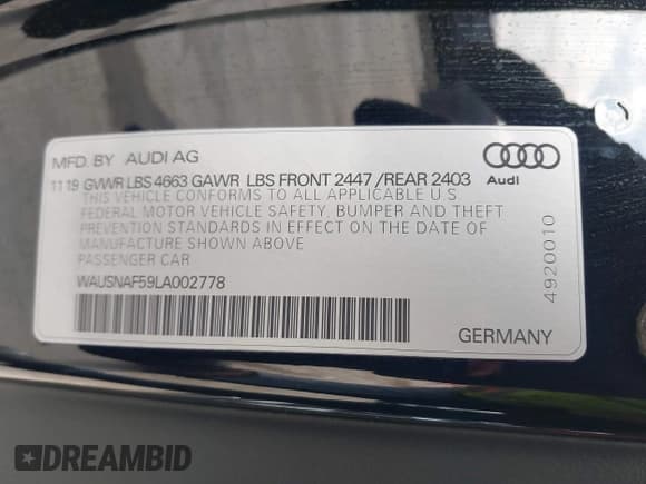 ✅ 2020 Audi A5 Premium • VIN: WAUSNAF59LA002778 • Lot: 43523828. Listed on IAAI with 65,047 mi. Free auction sales archive from the USA and detailed vehicle history report at DreamBid. Image 9.