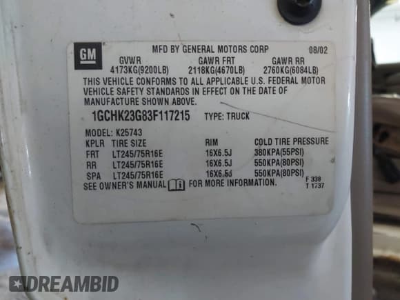 ✅ 2003 Chevrolet Silverado 2500HD LT3 • VIN: 1GCHK23G83F117215 • Лот: 41366957. Опубликован ранее на IAAI с пробегом 225 907 миль. Бесплатный доступ к архиву аукционных продаж из США и подробный отчёт об истории автомобиля на DreamBid. Изображение 9.
