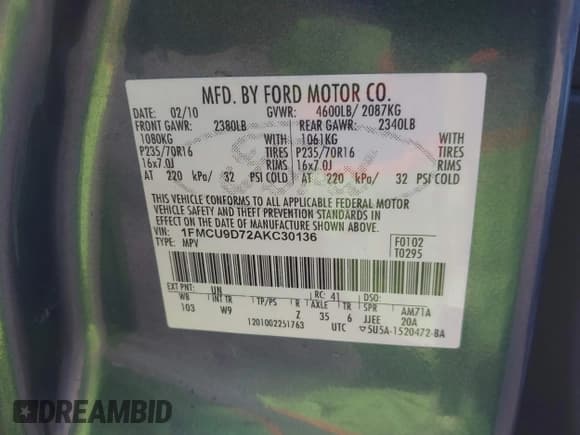 ✅ 2010 Ford Escape XLT • VIN: 1FMCU9D72AKC30136 • Лот: 43570433. Опубликован ранее на IAAI с пробегом 109 368 миль. Бесплатный доступ к архиву аукционных продаж из США и подробный отчёт об истории автомобиля на DreamBid. Изображение 9.