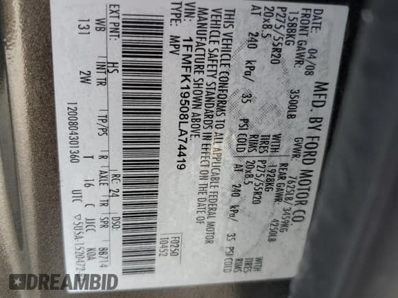 ✅ 2008 Ford Expedition Max Limited • VIN: 1FMFK19508LA74419 • Lot: 61180105. Listed on Copart with 228,175 mi. Free auction sales archive from the USA and detailed vehicle history report at DreamBid. Image 14.