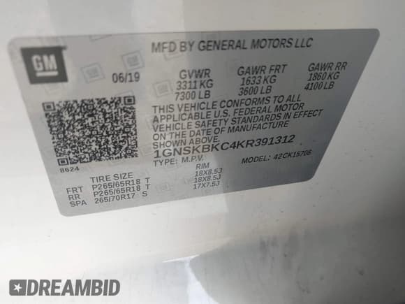 ✅ 2019 Chevrolet Tahoe LT • VIN: 1GNSKBKC4KR391312 • Lot: 42128582. Listed on IAAI with 64,543 mi. Free auction sales archive from the USA and detailed vehicle history report at DreamBid. Image 9.