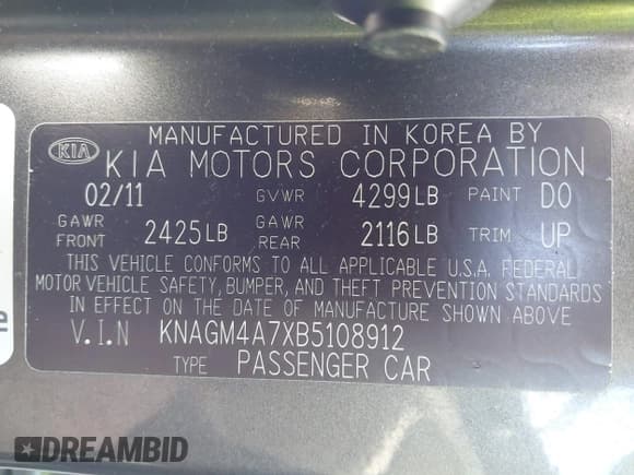 ✅ 2011 Kia Optima LX • VIN: KNAGM4A7XB5108912 • Lot: 43620286. Listed on IAAI with 123,900 mi. Free auction sales archive from the USA and detailed vehicle history report at DreamBid. Image 9.