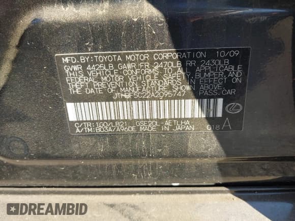 ✅ 2010 Lexus IS 250 • VIN: JTHBF5C22A2095747 • Lot: 43794801. Listed on IAAI with 124,124 mi. Free auction sales archive from the USA and detailed vehicle history report at DreamBid. Image 9.