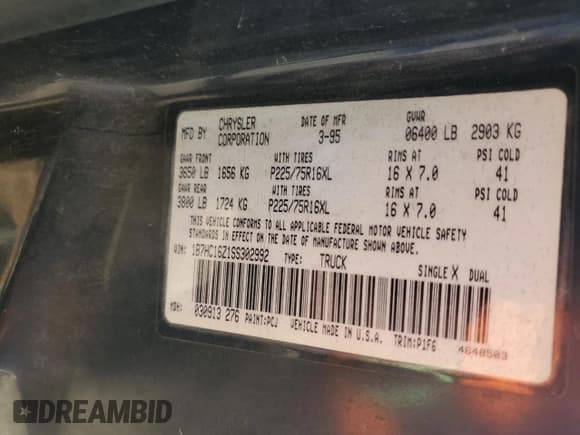 ✅ 1995 Dodge 1500 • VIN: 1B7HC16Z1SS302992 • Lot: 80783935. Listed on Copart with 235,324 mi. Free auction sales archive from the USA and detailed vehicle history report at DreamBid. Image 12.