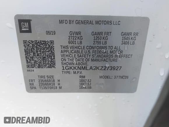 ✅ 2019 GMC Acadia SLT • VIN: 1GKKNMLA3KZ273927 • Lot: 43443666. Wystawiony na IAAI z przebiegiem 44 561 mil. Bezpłatny archiwum sprzedaży aukcyjnych z USA i szczegółowy raport historii pojazdu na DreamBid. Zdjęcie 9.