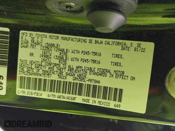 ✅ 2022 Toyota Tacoma SR • VIN: 3TMCZ5AN9NM475757 • Lot: 42334877. Wystawiony na IAAI z przebiegiem 25 674 mil. Bezpłatny archiwum sprzedaży aukcyjnych z USA i szczegółowy raport historii pojazdu na DreamBid. Zdjęcie 9.