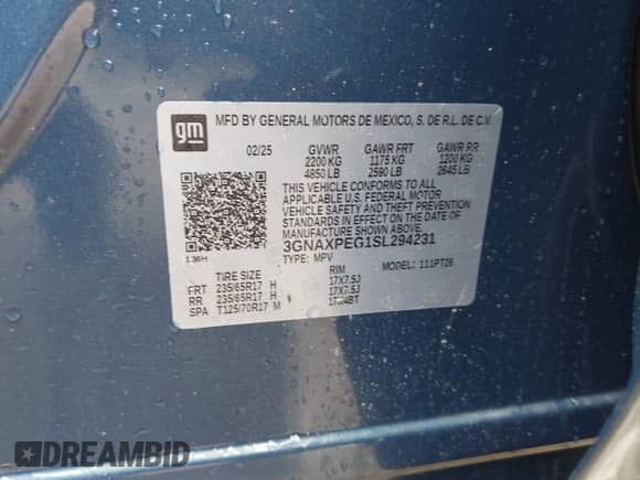 2025 Chevrolet Equinox AWD LT with VIN 3GNAXPEG1SL294231, listed as a IAAI auction lot 42223110 with 1,093 mi miles and . Bid and sale history available at DreamBid. Image 9.