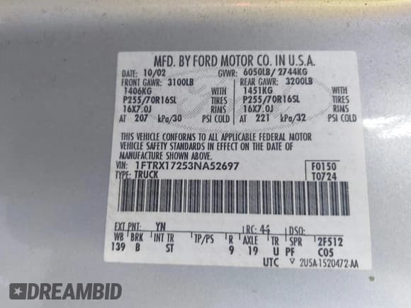 ✅ 2003 Ford F-150 XL • VIN: 1FTRX17253NA52697 • Lot: 43562460. Wystawiony na IAAI z przebiegiem 160 805 mil. Bezpłatny archiwum sprzedaży aukcyjnych z USA i szczegółowy raport historii pojazdu na DreamBid. Zdjęcie 9.
