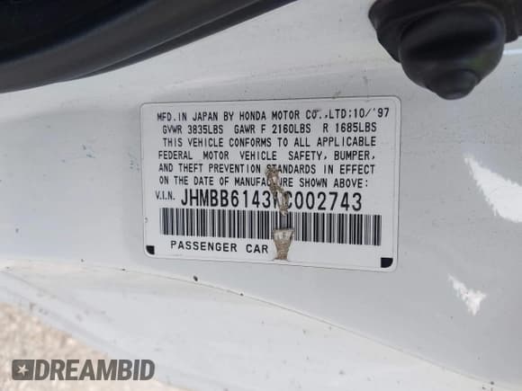 ✅ 1998 Honda Prelude • VIN: JHMBB6143WC002743 • Lot: 42809102. Listed on IAAI with 321,381 mi. Free auction sales archive from the USA and detailed vehicle history report at DreamBid. Image 9.