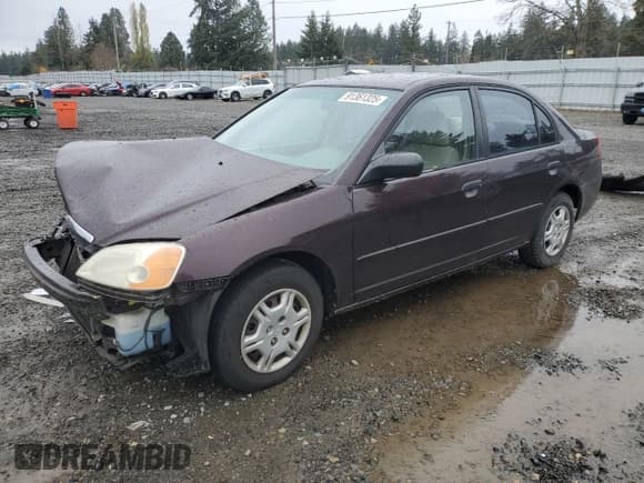 ✅ 2001 Honda Civic LX • VIN: 1HGES16501L007363 • Lot: 91361325. Listed on Copart with 188,467 mi. Free auction sales archive from the USA and detailed vehicle history report at DreamBid. Image 1.