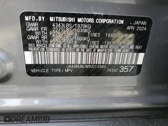 2024 Mitsubishi Outlander S z VIN JA4ARUAU9RU013980, wystawiony jako Copart lot #67401605 z przebiegiem 22 382 mil mil oraz Nie do naprawy • Non repairable. Historia ofert i sprzedaży dostępna na DreamBid. Obrazek 13.
