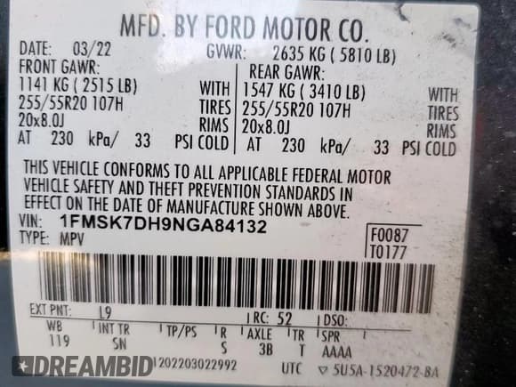 ✅ 2022 Ford Explorer XLT • VIN: 1FMSK7DH9NGA84132 • Lot: 86521465. Listed on Copart with 59,894 mi. Free auction sales archive from the USA and detailed vehicle history report at DreamBid. Image 13.