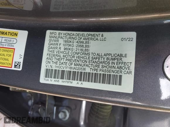 ✅ 2022 Honda Accord LX • VIN: 1HGCV1F18NA020536 • Lot: 43517412. Listed on IAAI with 49,947 mi. Free auction sales archive from the USA and detailed vehicle history report at DreamBid. Image 9.