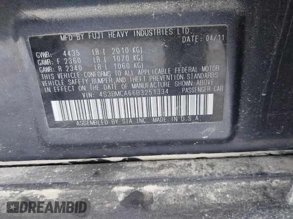 ✅ 2011 Subaru Legacy 2.5i • VIN: 4S3BMCA66B3251334 • Lot: 43916880. Listed on IAAI with 135,646 mi. Free auction sales archive from the USA and detailed vehicle history report at DreamBid. Image 9.