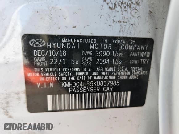 ✅ 2019 Hyundai Elantra Sport • VIN: KMHD04LB5KU837985 • Lot: 70855405. Listed on Copart with 50,268 mi. Free auction sales archive from the USA and detailed vehicle history report at DreamBid. Image 13.