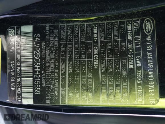 ✅ 2017 Land Rover Range Rover Evoque SE • VIN: SALVP2BG5HH215659 • Lot: 41769051. Listed on IAAI with 110,918 mi. Free auction sales archive from the USA and detailed vehicle history report at DreamBid. Image 9.