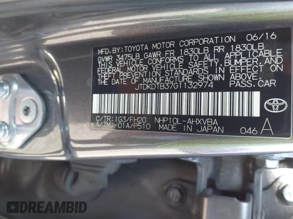 ✅ 2016 Toyota Prius One • VIN: JTDKDTB37G1132974 • Lot: 42865095. Listed on IAAI with 511,398 mi. Free auction sales archive from the USA and detailed vehicle history report at DreamBid. Image 9.