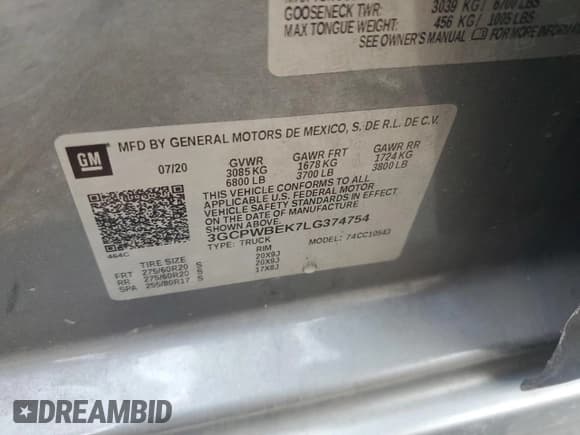 ✅ 2020 Chevrolet Silverado 1500 Custom • VIN: 3GCPWBEK7LG374754 • Lot: 79290414. Listed on Copart with 100,469 mi. Free auction sales archive from the USA and detailed vehicle history report at DreamBid. Image 13.