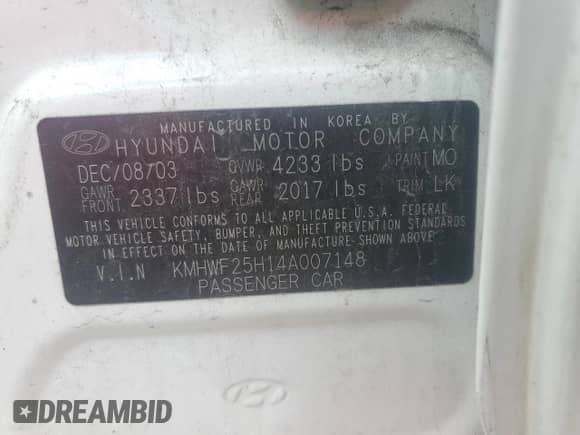 2004 Hyundai Sonata с VIN KMHWF25H14A007148, выставлен на аукционе Copart как лот 75950614 с пробегом Не указан миль и Списание • Salvage title. История ставок и продаж доступна на DreamBid. Изображение 12.