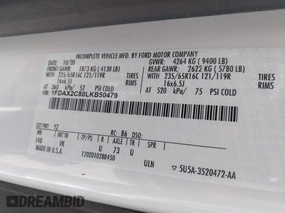 ✅ 2020 Ford Transit Passenger XL • VIN: 1FDAX2C80LKB50479 • Lot: 42681594. Wystawiony na IAAI z przebiegiem 45 179 mil. Bezpłatny archiwum sprzedaży aukcyjnych z USA i szczegółowy raport historii pojazdu na DreamBid. Zdjęcie 9.