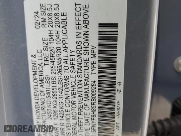 ✅ 2024 Honda Passport Black Edition • VIN: 5FNYF8H85RB009284 • Lot: 71893995. Listed on Copart with 62,575 mi. Free auction sales archive from the USA and detailed vehicle history report at DreamBid. Image 13.