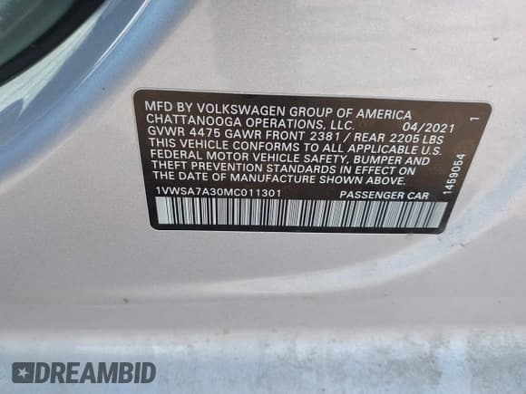 ✅ 2021 Volkswagen Passat SE • VIN: 1VWSA7A30MC011301 • Lot: 43121064. Listed on IAAI with 87,302 mi. Free auction sales archive from the USA and detailed vehicle history report at DreamBid. Image 9.