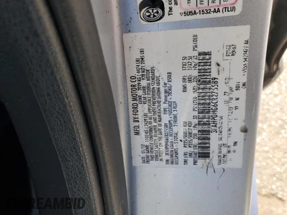 ✅ 2012 Ford Fusion SE • VIN: 3FAHP0HG6CR275589 • Lot: 92314555. Wystawiony na Copart z przebiegiem 177 312 mil. Bezpłatny archiwum sprzedaży aukcyjnych z USA i szczegółowy raport historii pojazdu na DreamBid. Zdjęcie 13.