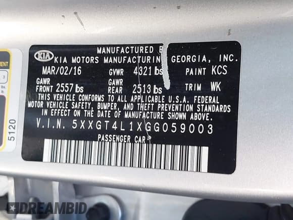 ✅ 2016 Kia Optima LX Turbo • VIN: 5XXGT4L1XGG059003 • Lot: 42855984. Listed on IAAI with 84,625 mi. Free auction sales archive from the USA and detailed vehicle history report at DreamBid. Image 9.