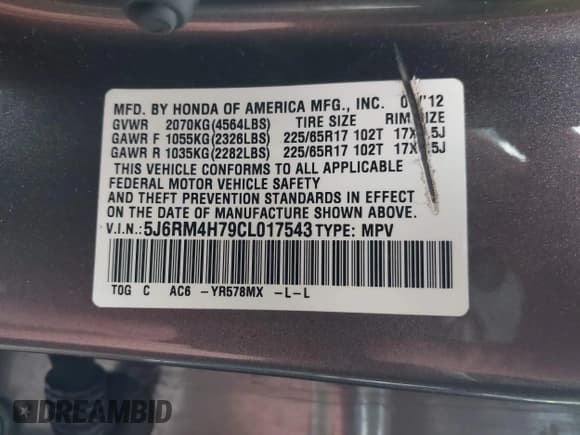 ✅ 2012 Honda CR-V EX-L • VIN: 5J6RM4H79CL017543 • Lot: 43835370. Listed on IAAI with 230,989 mi. Free auction sales archive from the USA and detailed vehicle history report at DreamBid. Image 9.