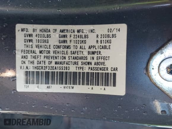 ✅ 2014 Honda Accord LX • VIN: 1HGCR2F32EA155393 • Lot: 43673443. Listed on IAAI with 178,430 mi. Free auction sales archive from the USA and detailed vehicle history report at DreamBid. Image 9.