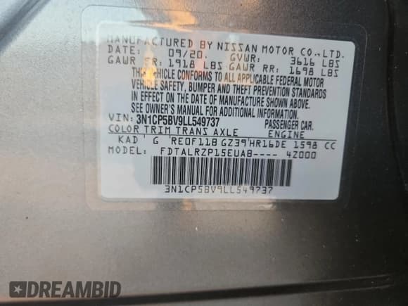 ✅ 2020 Nissan Kicks S • VIN: 3N1CP5BV9LL549737 • Lot: 93151415. Listed on Copart with 10,731 mi. Free auction sales archive from the USA and detailed vehicle history report at DreamBid. Image 14.