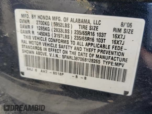 ✅ 2006 Honda Odyssey EX-L • VIN: 5FNRL38706B128265 • Лот: 58715415. Опубликован ранее на Copart с пробегом 377 656 миль. Бесплатный доступ к архиву аукционных продаж из США и подробный отчёт об истории автомобиля на DreamBid. Изображение 13.