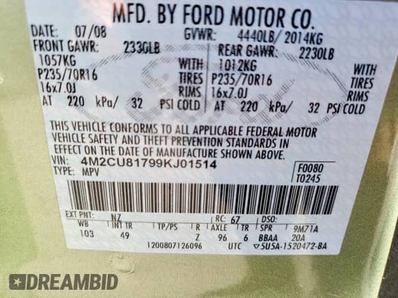 2009 Mercury Mariner с VIN 4M2CU81799KJ01514, выставлен на аукционе Copart как лот 82219345 с пробегом 392 707 миль миль и Списание • Salvage title. История ставок и продаж доступна на DreamBid. Изображение 14.