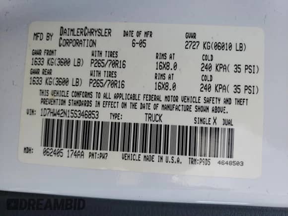 2005 Dodge Dakota SLT с VIN 1D7HW42N15S346853, выставлен на аукционе Copart как лот 75860094 с пробегом 182 727 миль миль и Списание • Salvage title. История ставок и продаж доступна на DreamBid. Изображение 12.