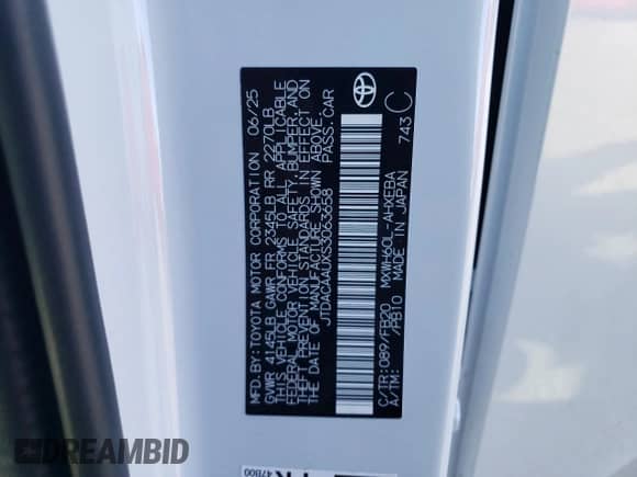 2025 Toyota Prius LE with VIN JTDACAAUXS3063658, listed as a Copart auction lot 71305795 with 2,278 mi miles and Salvage title. Bid and sale history available at DreamBid. Image 12.