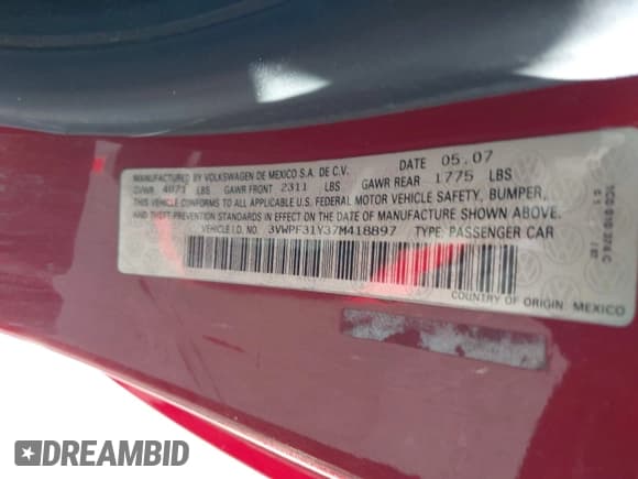 ✅ 2007 Volkswagen Beetle • VIN: 3VWPF31Y37M418897 • Lot: 41921308. Wystawiony na IAAI z przebiegiem 102 432 mil. Bezpłatny archiwum sprzedaży aukcyjnych z USA i szczegółowy raport historii pojazdu na DreamBid. Zdjęcie 9.