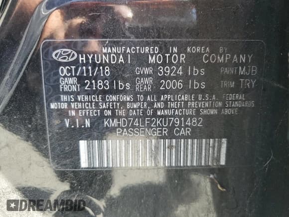 ✅ 2019 Hyundai Elantra SE • VIN: KMHD74LF2KU791482 • Lot: 57924515. Listed on Copart with 146,095 mi. Free auction sales archive from the USA and detailed vehicle history report at DreamBid. Image 13.